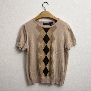Laura Scott Argyle Short-Sleeve Knit Sweater Tan size Petite large